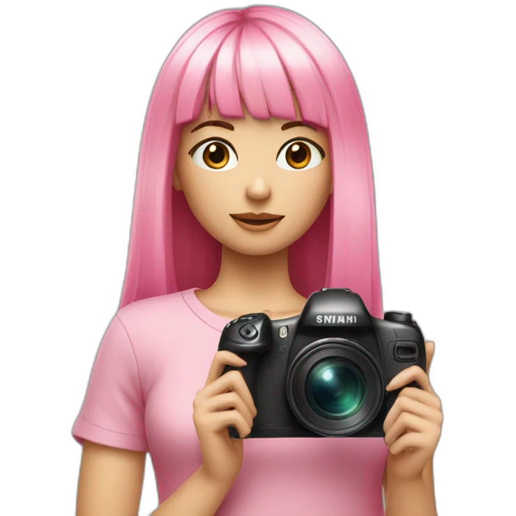 girl with long, straight rose hair with fringe and holding camera and wearing pink, pretty top emoji