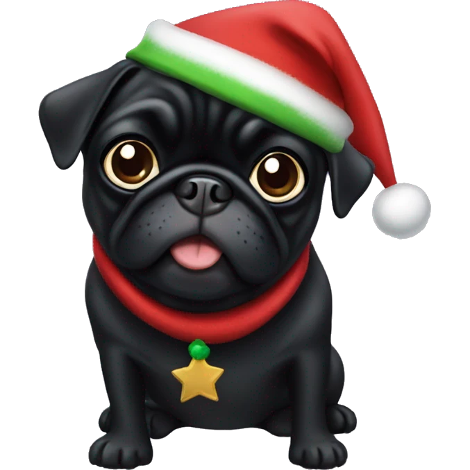 Black pug with a Christmas elf hat emoji