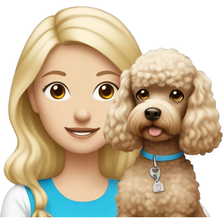 Blonde girl with blue eyes holding a brown and white poodle  emoji