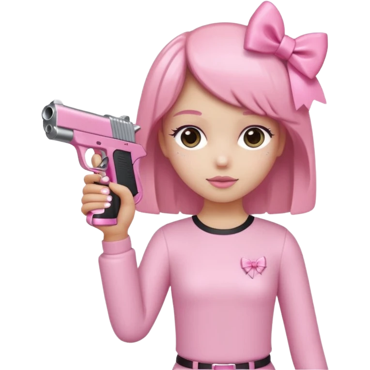 Minimalist figure with a cute pink aesthetic. It has a sparkly pink bow on its head, a pink gun in one hand, and is holding a large pink Stanley tumbler cup in the other hand. The background is simple white with a soft shadow for a clean look. emoji