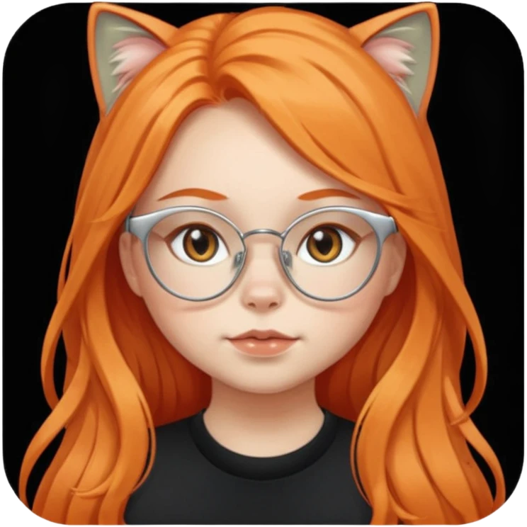 girl with chubby cheeks, very long orange hair, and silver cat-eye glasses. Black clothes emoji