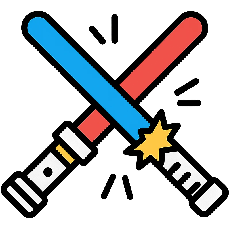 two lightsabers, one blue and one red, clashing with motion lines and sparks emoji