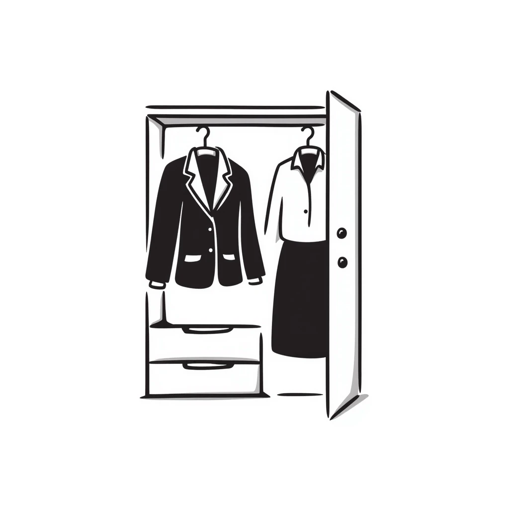 Hand-drawn minimalist wardrobe, slightly open revealing neatly arranged business attire emoji