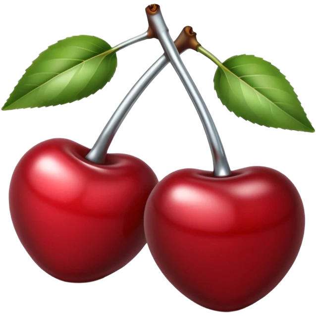 A pair of cherries emoji made of polished silver chrome, smooth rounded shapes, glossy metallic finish, soft highlights and reflections, cute proportions, iOS emoji style, centered, clean white background, no text emoji