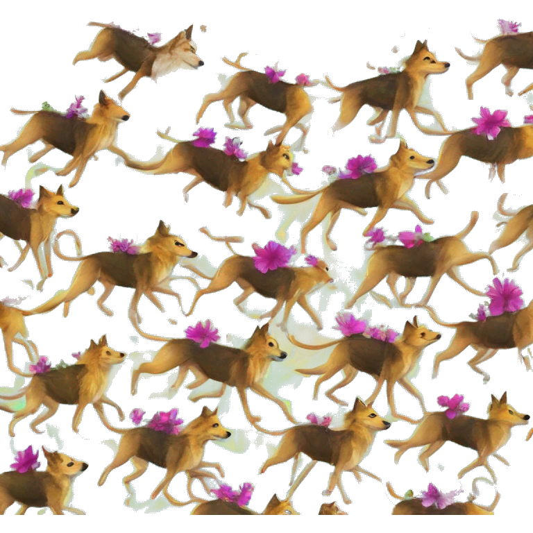  brindle brown black maroon striped lurcher Alsatian fox running blue eyes and iridescent holographic oilslick harness wearing paper iridescent tropical flower crown yellow caution tape emoji