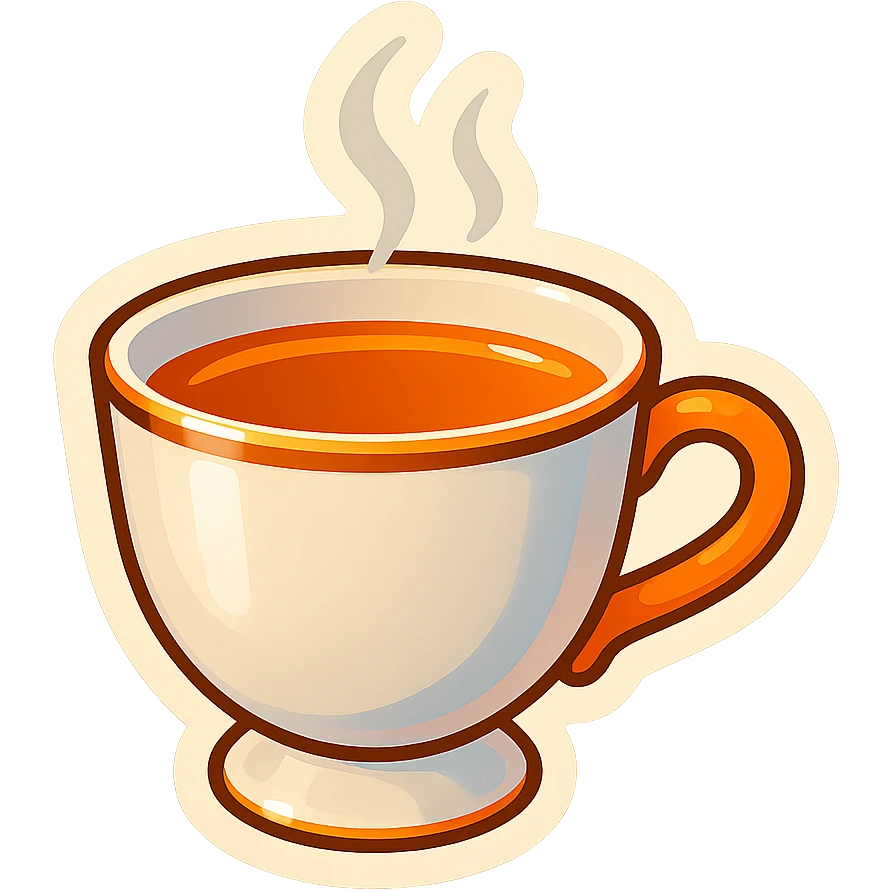 Hermès-style cup of tea, minimal design, Hermès orange handle, gold rim, cute emoji style, with steam, on white or transparent background emoji