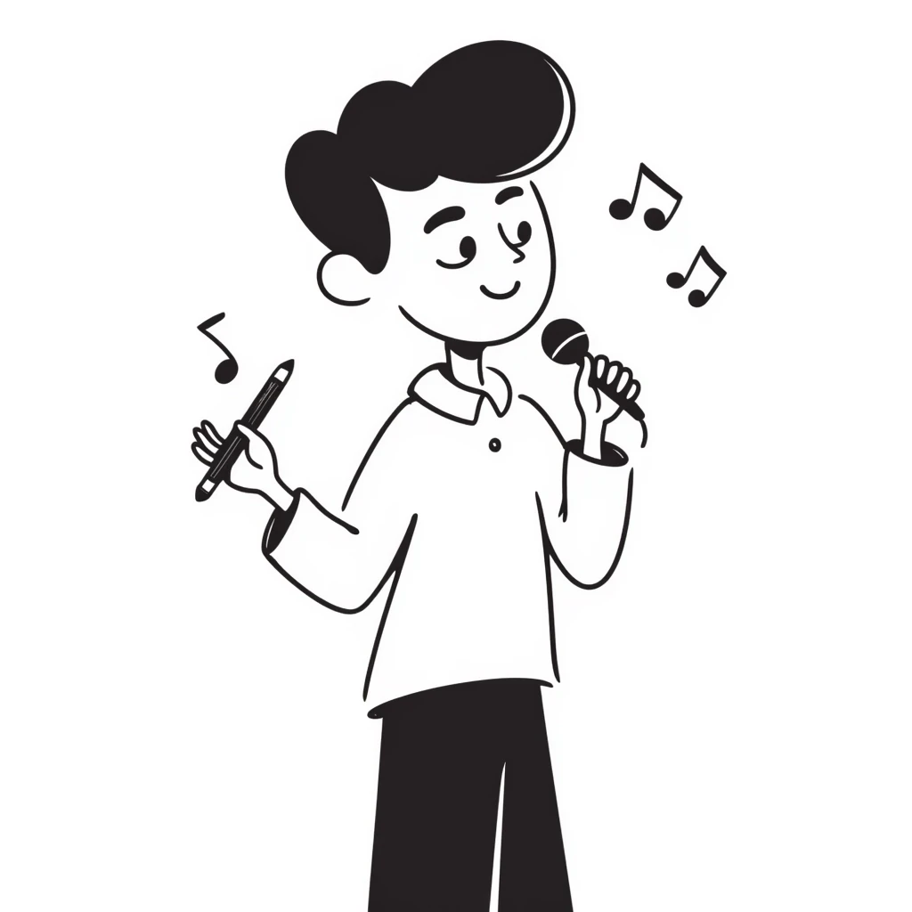 excited happy musician smiling, holding a microphone in one hand and a pencil in the other hand emoji