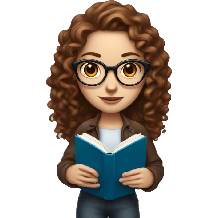a white skinned girl, with curly brown long hair, blue eyes anf glasses, and some ear piercings is holding a red big law book emoji