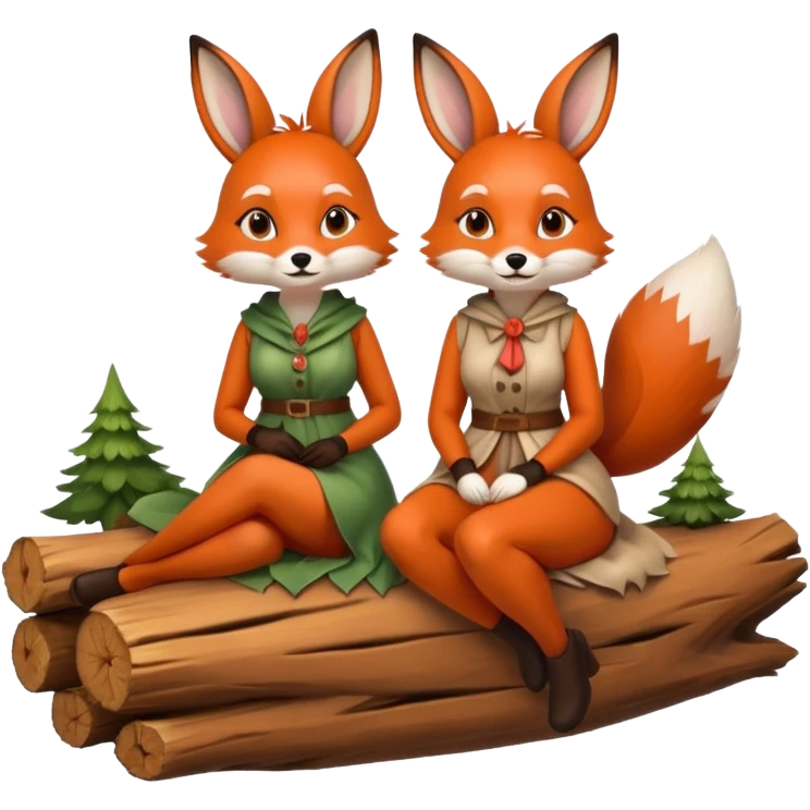 two forest women dressed as fox and rabbit sitting together on log emoji