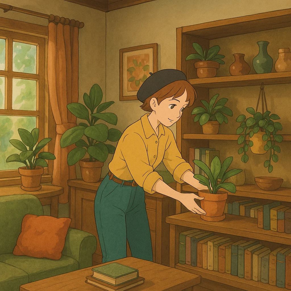 ghibli style interior designer arranging plants and decor in a cozy room emoji