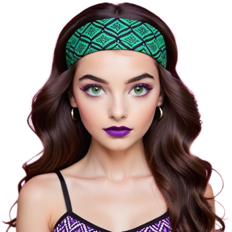 A confident young woman with long, wavy brown hair wearing a black headband. She has striking green eyes and well-applied makeup, including purple-toned eyeshadow, defined eyebrows, and soft pink lipstick. She is dressed in a stylish black and white patterned top, with a neutral-colored background. The lighting is soft and even, casting gentle shadows that highlight her facial features. Her expression is poised and self-assured, looking directly at the camera. emoji