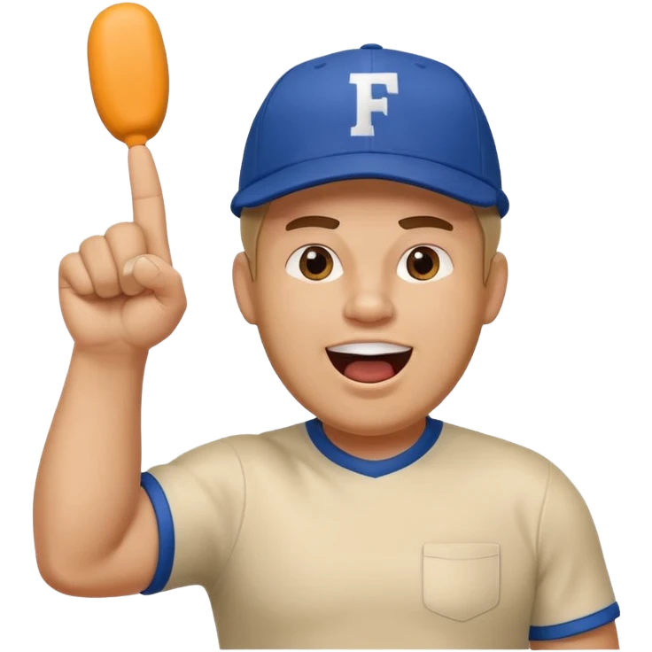 A stocky man with a cap backward, shouting proudly while pointing the foam finger upward. emoji