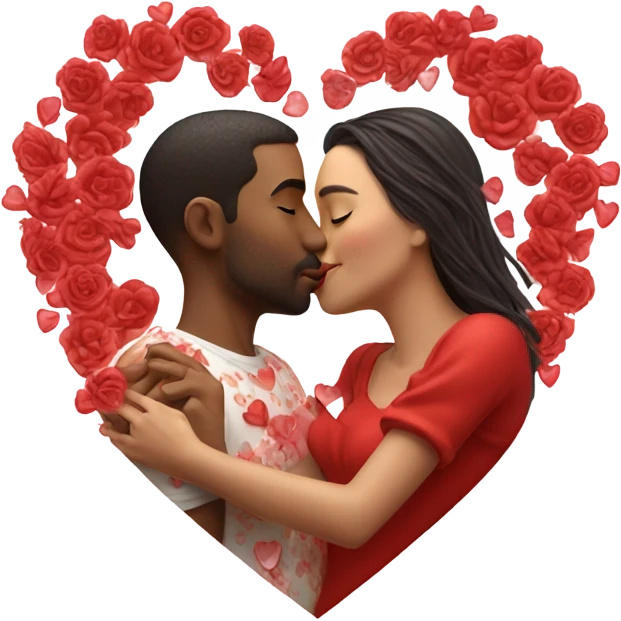 Hyper Realistic Couple kissing surrounded by red hearts and flowers  emoji