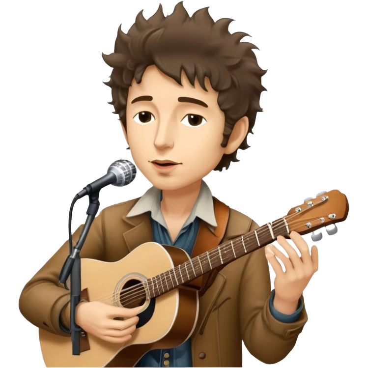 Icon for Folk Music: Bob Dylan with his harmonica and acoustic guitar, performing with his band on stage. The atmosphere should be intimate and nostalgic, capturing the soul of folk music with simple instruments and natural vibes. Transparent background. emoji