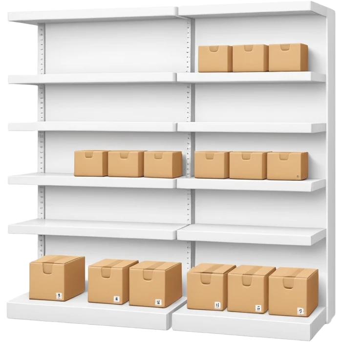 "Minimalist Japanese shelf display, identical products placed directly behind one another (same items stocked in depth), different product types arranged side by side, clean spacing, precise symmetry, soft neutral lighting, front-facing packages, ultra-detailed." emoji