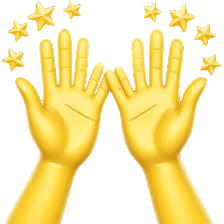 A 3D digital emoji of two yellow cartoon hands doing a joyful high five, palms clapping together in the air, with bright sparkles and motion lines to show excitement and celebration, Apple emoji style emoji