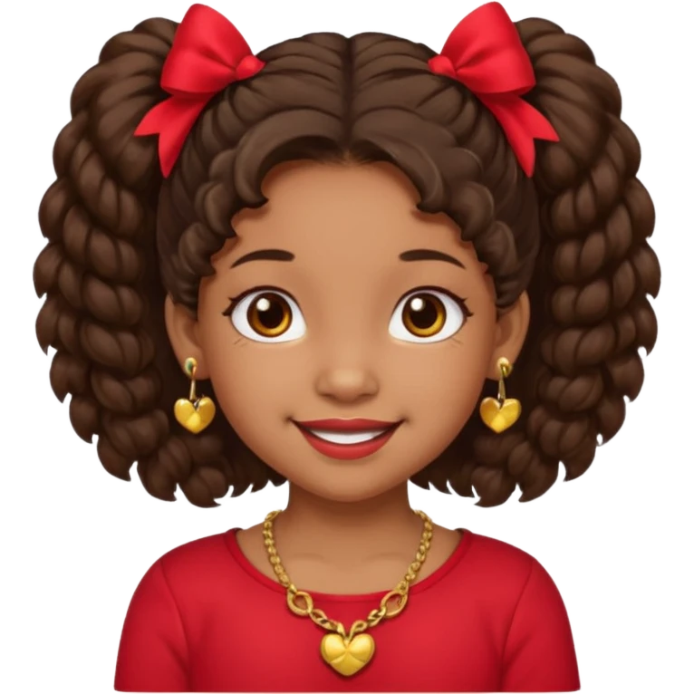 Brownskin girl dark brown hair fluffy. pigtails with red bows brown eyes smiling closed mouth red shirt gold esrrings gold necklace emoji