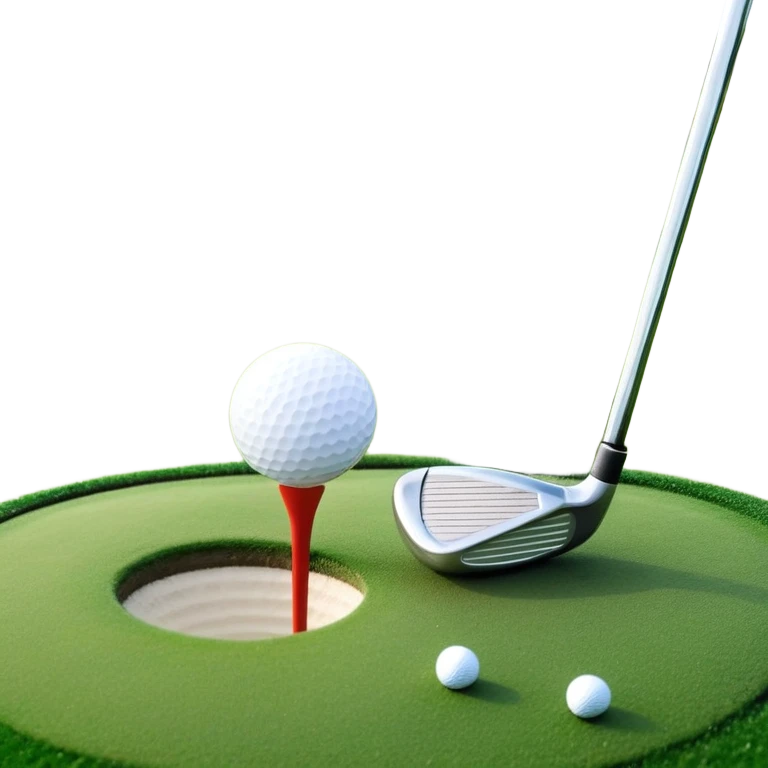 A golf ball on a tee with a golf club placed beside it, set against the backdrop of a well-manicured green golf course. The scene emphasizes the equipment and serene atmosphere of the sport, with soft lighting and a peaceful, open landscape emoji