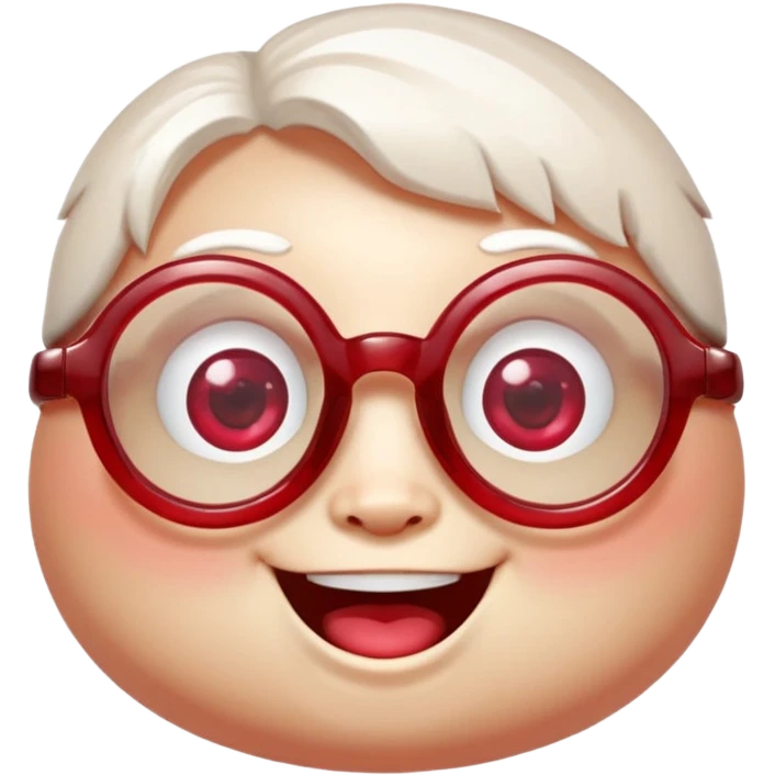 A single chubby crystal gemstone character wearing cute round glasses, chunky and irregular with faceted sides (not egg-shaped), [red], big glossy eyes behind the glasses and a wide happy smile, , high detail, soft lighting, centered on a plain dark background emoji