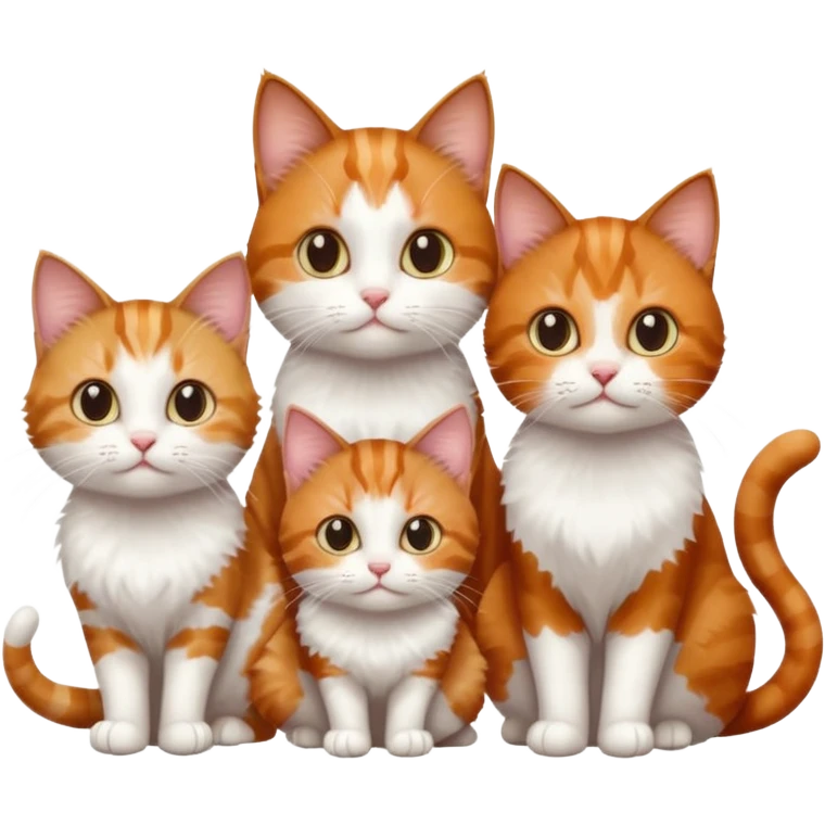 3 sibling cats each are various different natural colours; 1 is ginger and white, the next is brown tabby and white and the third is a calico emoji