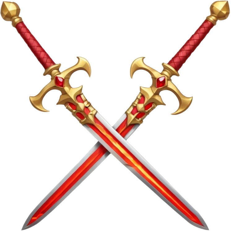 Two crossed swords that are golden in blade and handle and have fiery and royal appearence to them as well as red gem stones emoji
