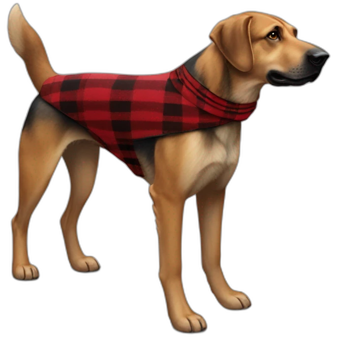adult 75% Coonhound 25% German Shepherd mix dog with visible tail wearing small pointed red buffalo plaid bandana full body walking left quickly emoji