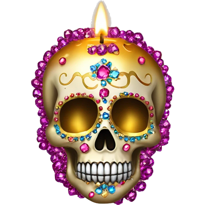 Realistic sugar skull decorated with colorful rhinestones with metallic gold candle on top of its head dripping meltdown metallic gold wax down skull emoji