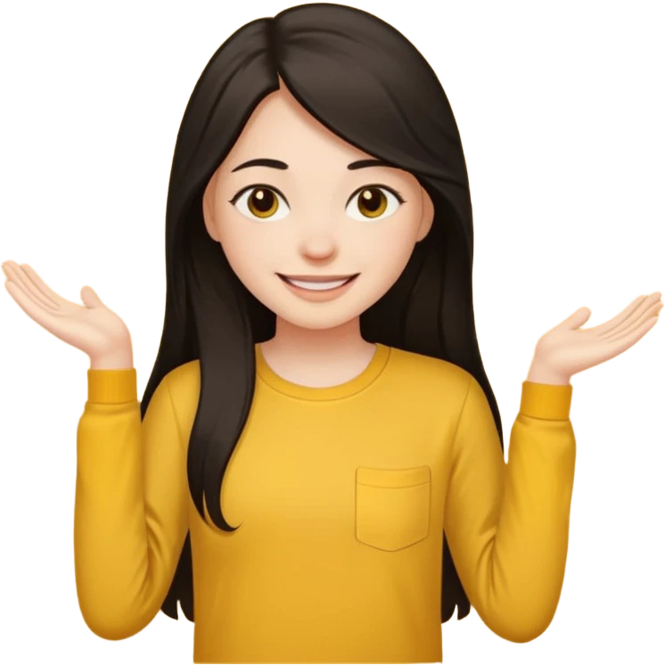 girl using her laptop, long dark hair with no part, white skin and yellow shirt long sleeves, smiling emoji