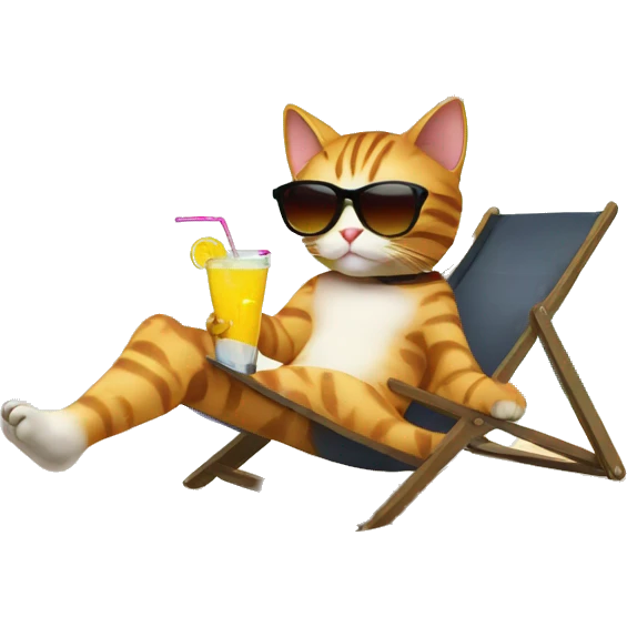 cat relaxing on the beach with sunglasses and drink, palm tree in background emoji
