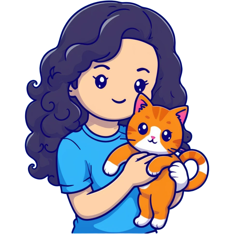 girl with long black curly hair holding a ginger cat emoji