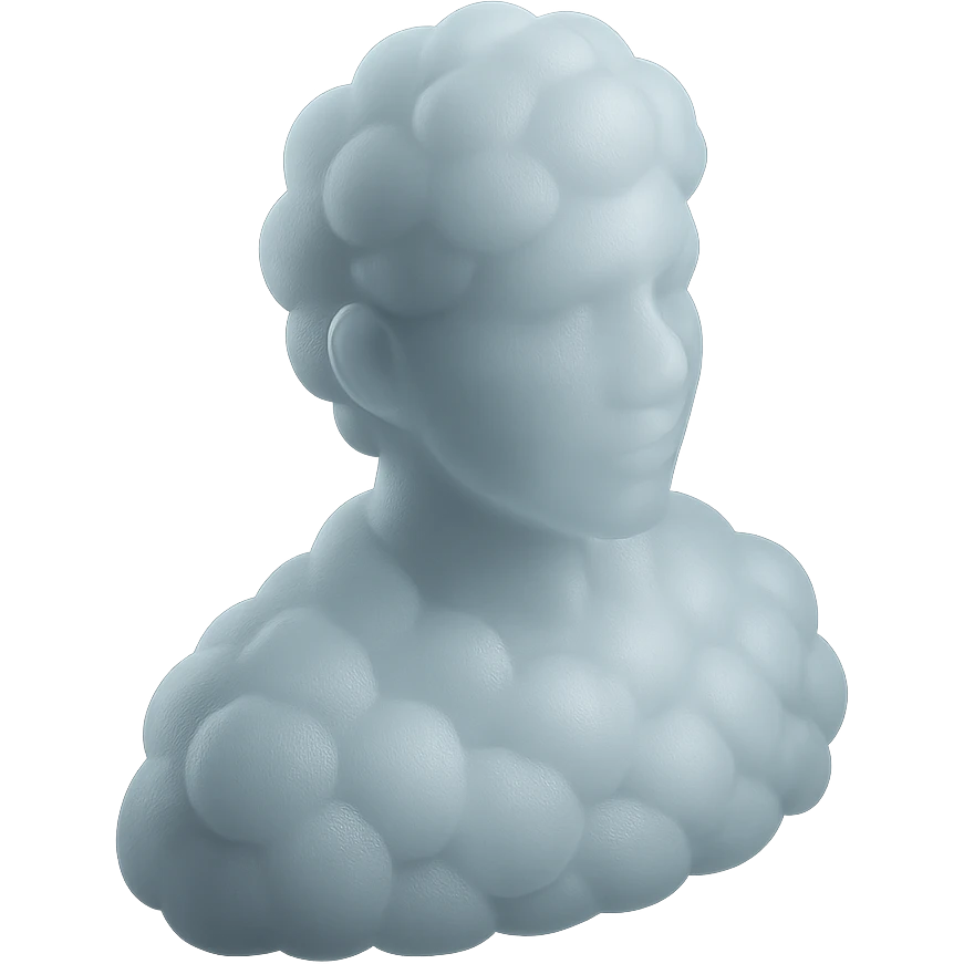person looking straight, fully made of white fluffy convex clouds, shoulder up, matte glass style emoji
