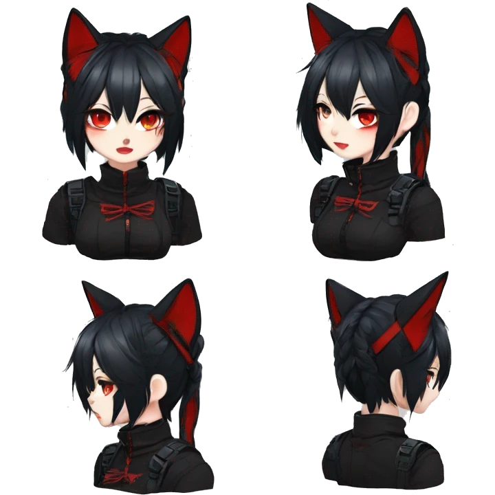 Gorgeous gothic dark techwear anime style anthro cat with blushing face aesthetic and pretty edgy black red punk messy ponytail hair with collar and harness trending style emoji