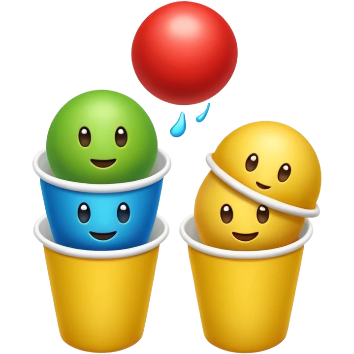 Cute 3D cartoon emoji sticker of a cup and ball shell game with three glossy plastic cups (blue, green, red) and a yellow ball, soft lighting, smooth shadows, playful, white sticker outline, transparent background, high resolution. emoji