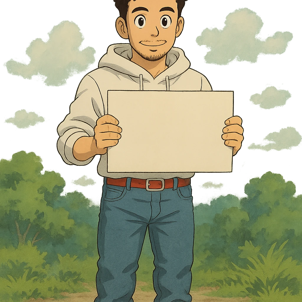 1 male, mid fade haircut dark chestnut brown curly hair, toasted lightskin, white hoodie sleeves up, fashion jeans, red fashion-sneakers shoes, red belt, short trimmed beard and goatee,  style of deku from "my hero academia", pose: holding a blank poster chest level emoji