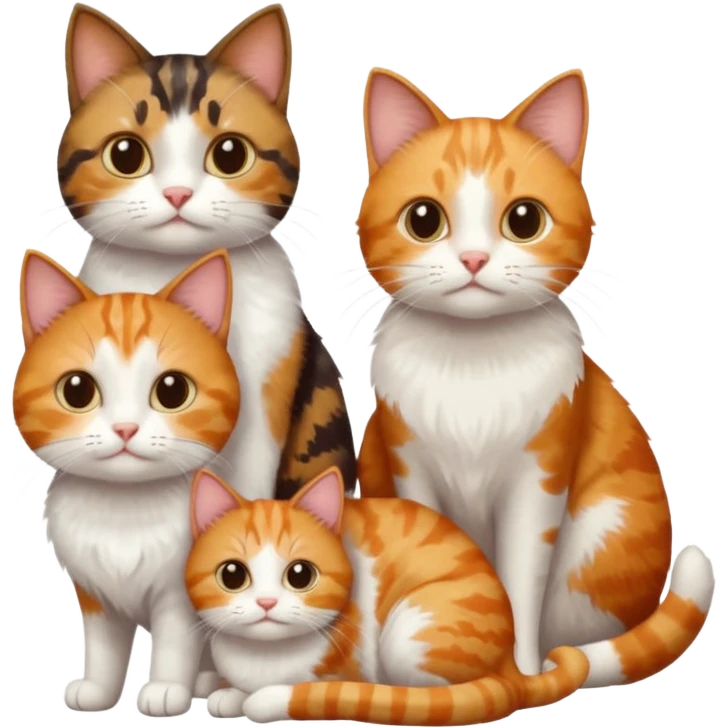 3 different coloured small cats including a dark brown tabby and white, and a patchy calico, and a ginger and white emoji