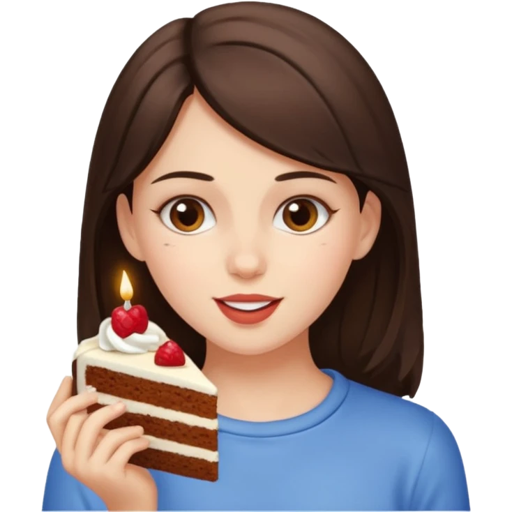 brunette girl eats piece of cake emoji