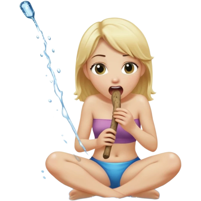 blond woman sitting on her knees, eating a wide stick with a half-round D-shaped knob, both the stick and knob are the same color as her skin, the knob has visible skin texture, water stream squirting from the flat side of the knob into her open mouth, surprised expression emoji