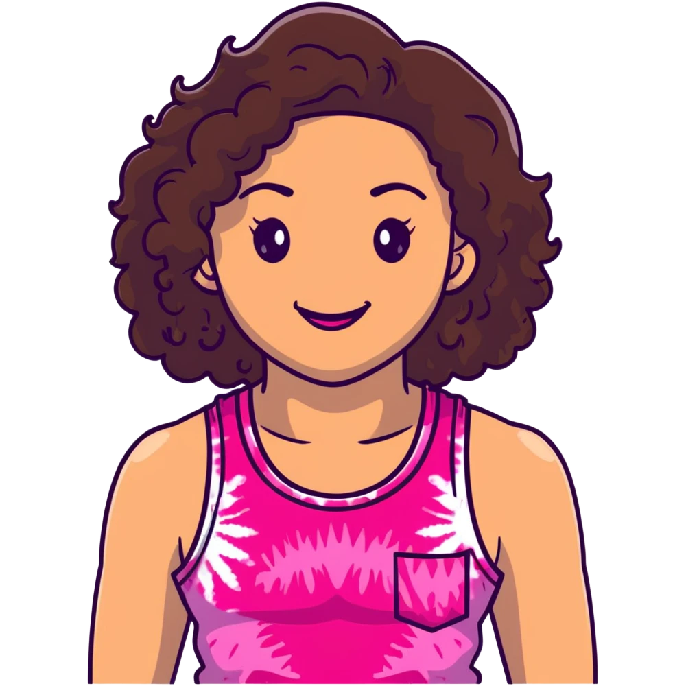 Friendly maternal woman with fair skin, long dark brown curly hair, large almond eyes, full lips, wearing bright pink tie-dye tank top, warm welcoming smile emoji