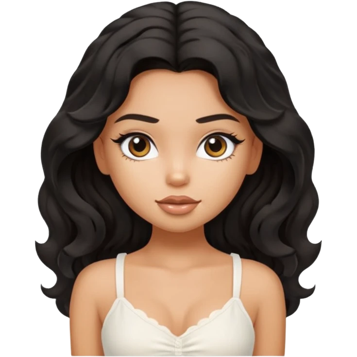 a pretty bratz tan girl with wavy black hair wearing a white cami top. Skintone is tan emoji