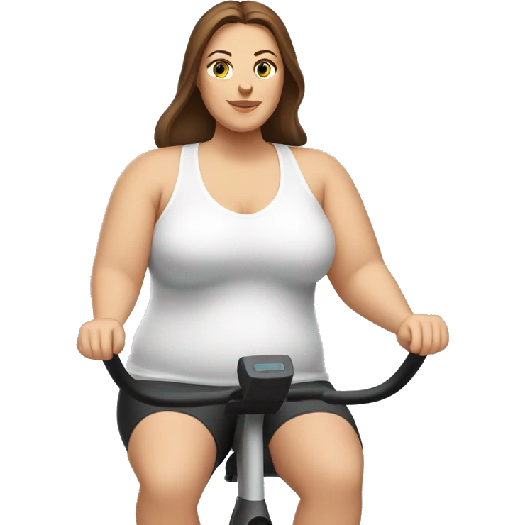 plus size white woman with medium length straight brown hair sitting on an exercise bike emoji