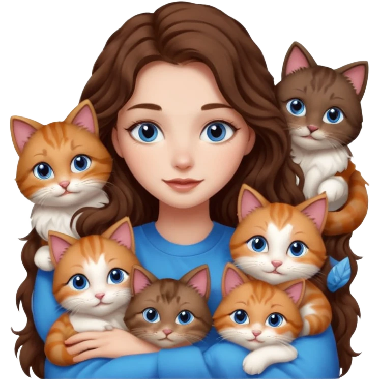girl with long wavy brown hair, blue eyes, long lashes makeup, cuddling with 6 cute cats emoji