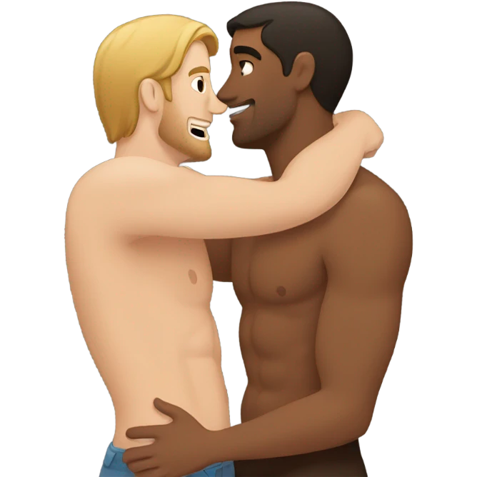 shirtless brown man hugging shirtless white man with brown hair emoji