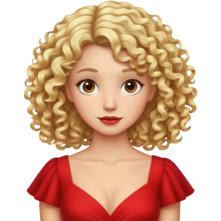 Woman with curly blonde hair and red dress emoji
