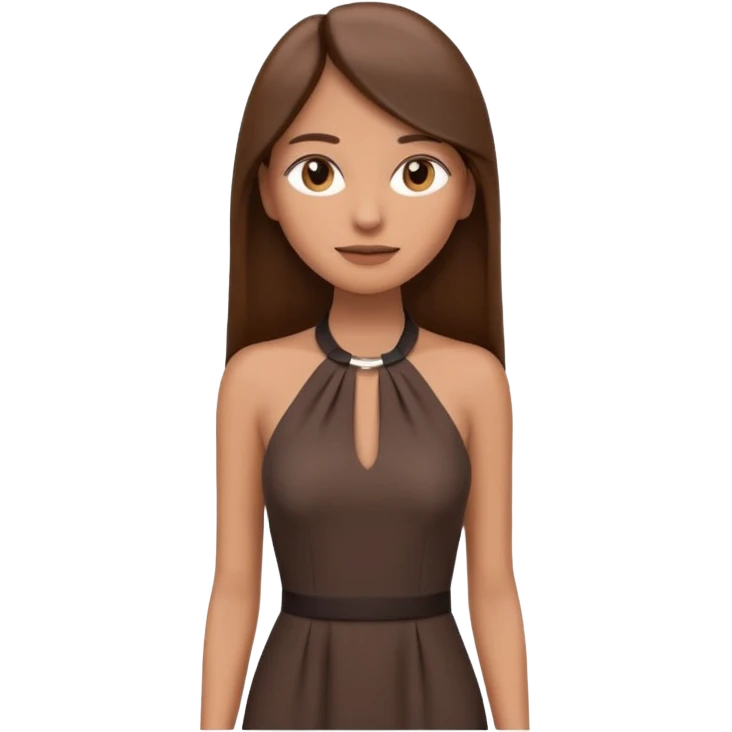 emoji-style illustration of a stylish woman with long straight brown hair, wearing a dark halter neck dress, elegant and minimalistic look, front-facing, soft 3D cartoon rendering, plain background emoji