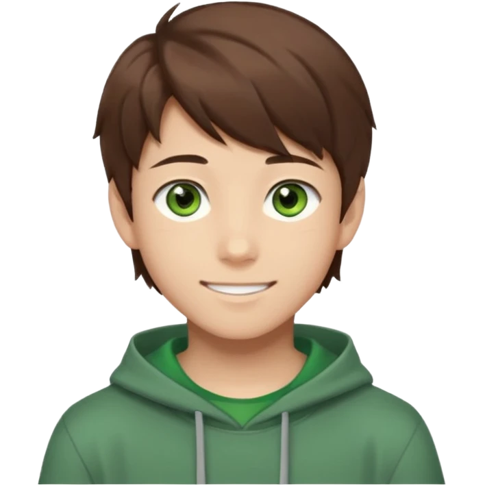 Discord emoji. the face of an Anime asian style teen boy with brown hair, green eyes, looking smiling slightly sideways positioned. Face must be main filling of the frame.  128px emoji