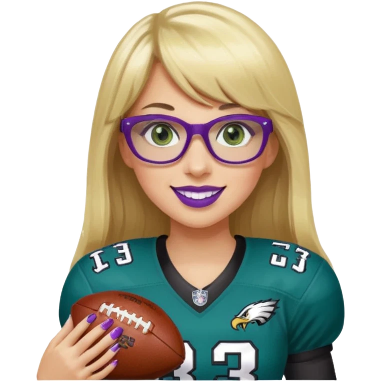 long blonde hair with bangs black rectangle glasses female green eyes football player wearing eagles uniform jersey number 33 holding football smiling purple lipstick emoji