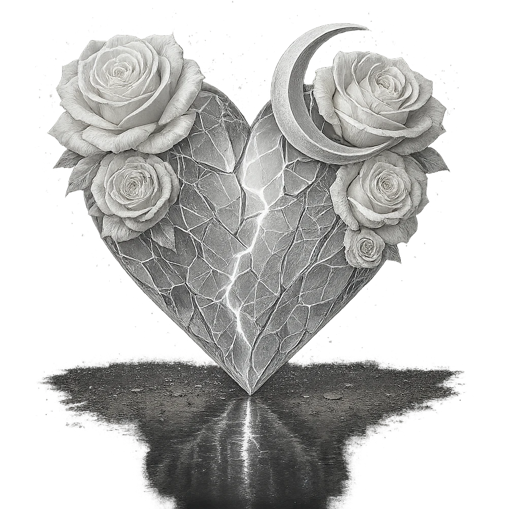 Edit the gothic heart to be formed from splintered deep white glass, silver crescent moon, white roses, sparkling holographic stardust, neon lightning, and a wet, reflective surface. Keep the background transparent. Maintain the gothic heart style and transparent background. emoji