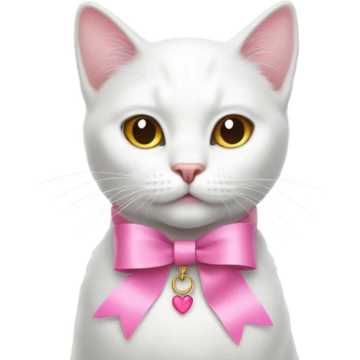 white cat wearing pink ribbon as collar emoji