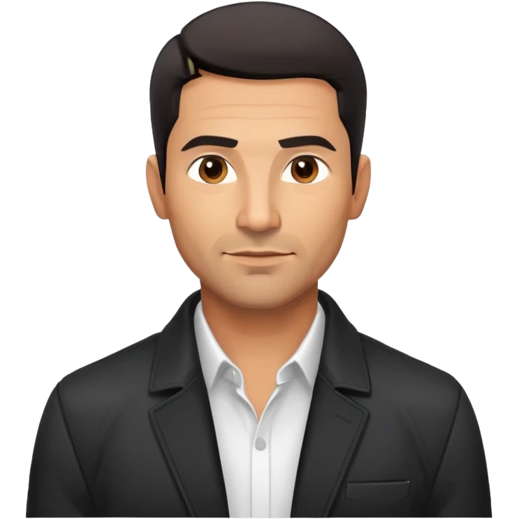Handsome athletic Hispanic man in his late 40s with tan complexion, short black hair with defined fade haircut, light stubble/scruff on face, square masculine face with defined jawline, neutral-friendly TV presenter expression, open black jacket with white shirt emoji