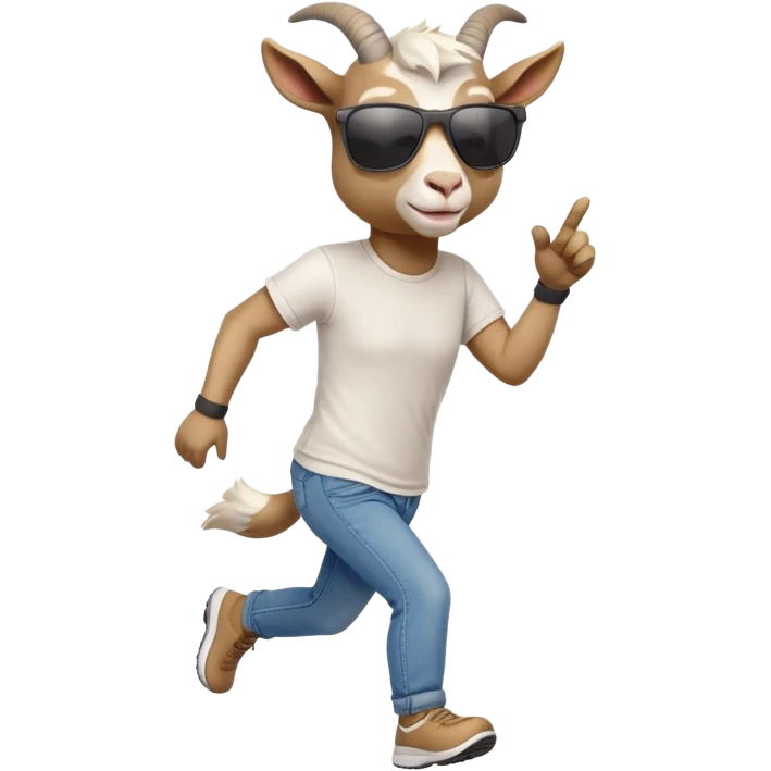 friendly anthropomorphised goat in jeans and a t-shirt, wearing dark sunglasses, jogging upright in standard pose emoji